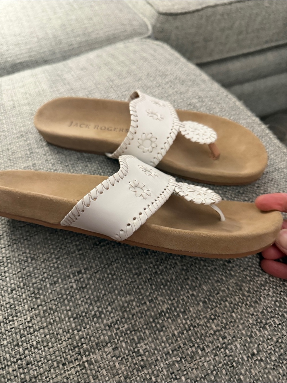 Jack Rogers Leather Comfort Thong Sandals White Whipstitch Size 8